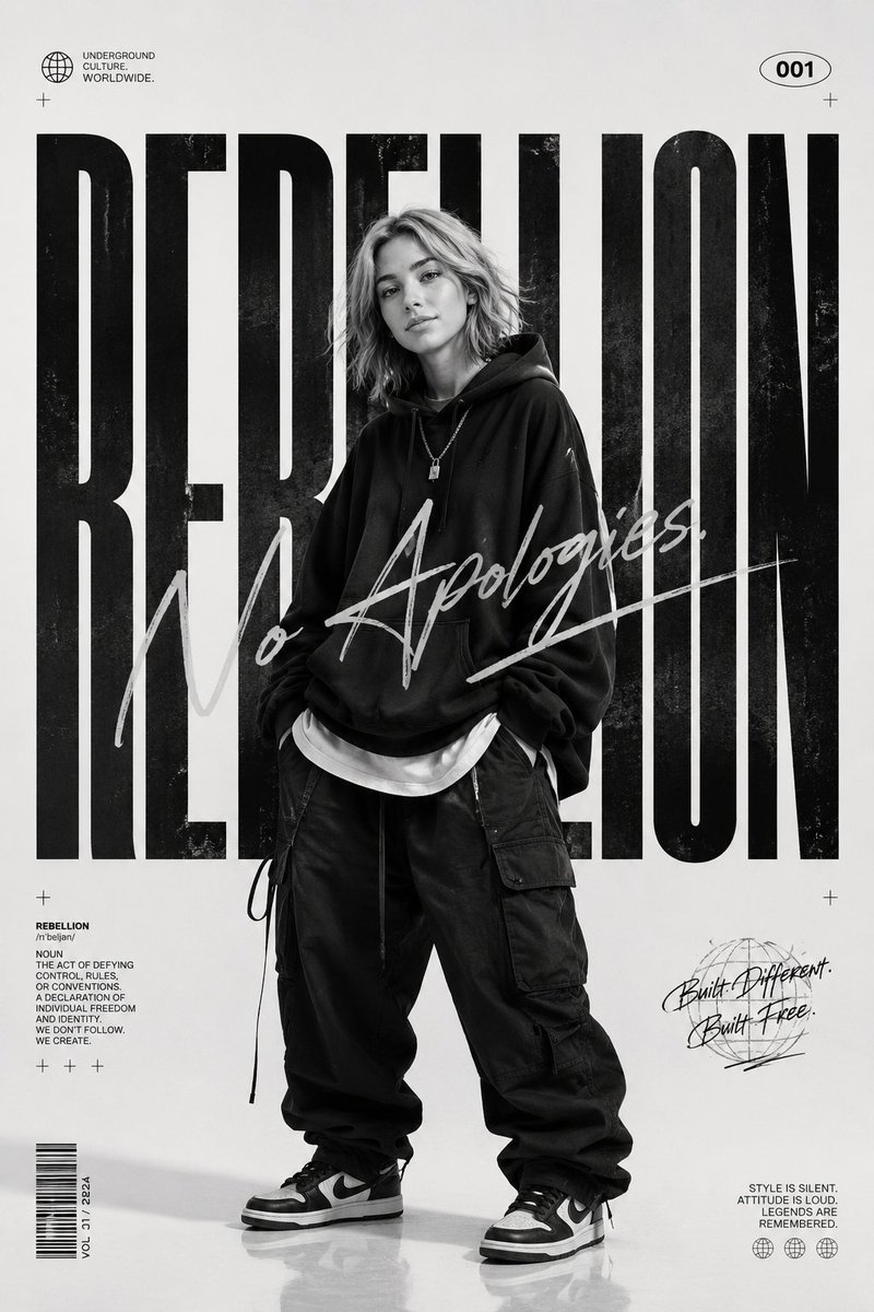 Oversized monochrome streetwear editorial captures rebellious urban attitude