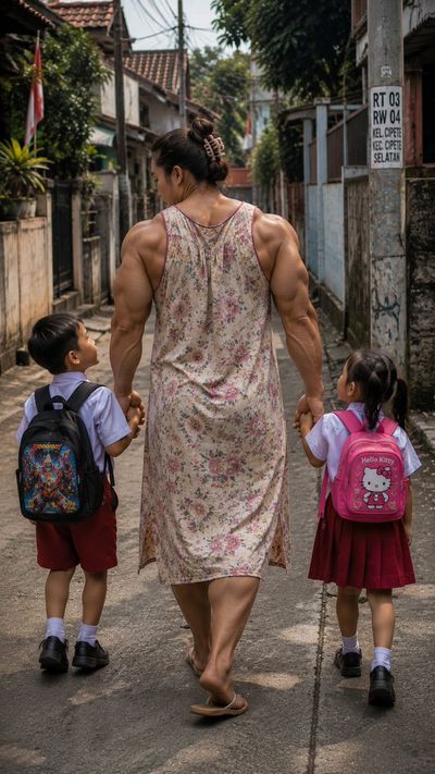 A muscular mother in a floral daster shields her children from bullies