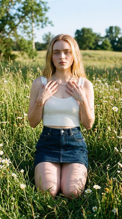 Young woman with freckles kneels in sunlit daisy meadow