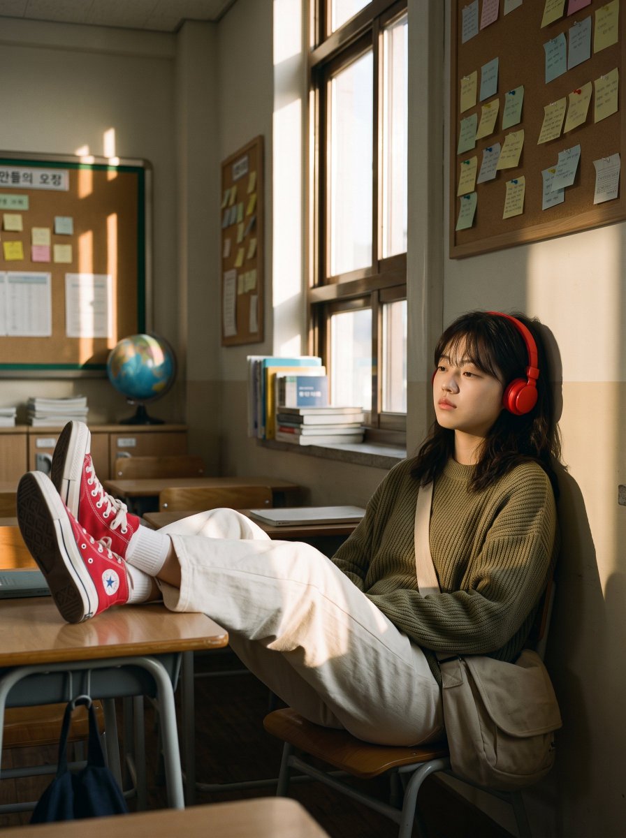 Teenage girl in sunlit classroom with red headphones and sneakers
