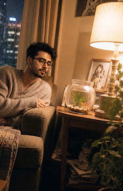 Man in sweater contemplates fishbowl beside rainy city window