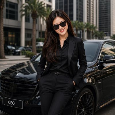 Confident CEO poses beside luxury black car in golden light