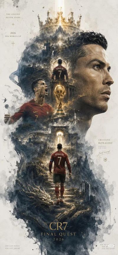 A legendary footballer ascends celestial stairs toward a glowing trophy
