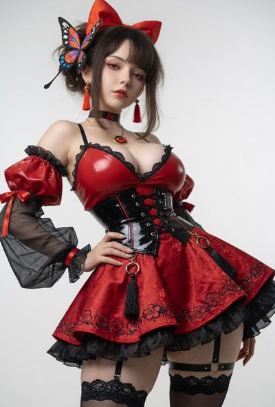A seductive woman in red satin dress with butterfly hair accessory