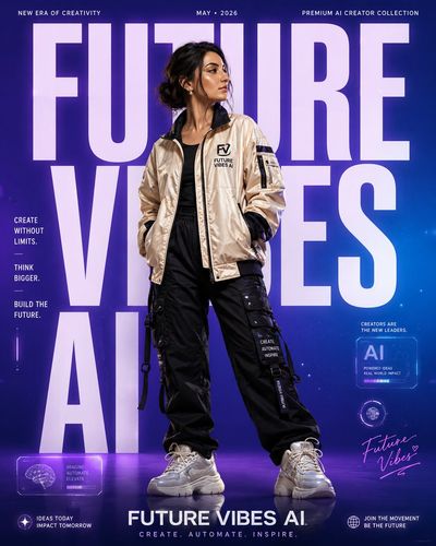 A futuristic creator stands confidently in a luxury campaign poster