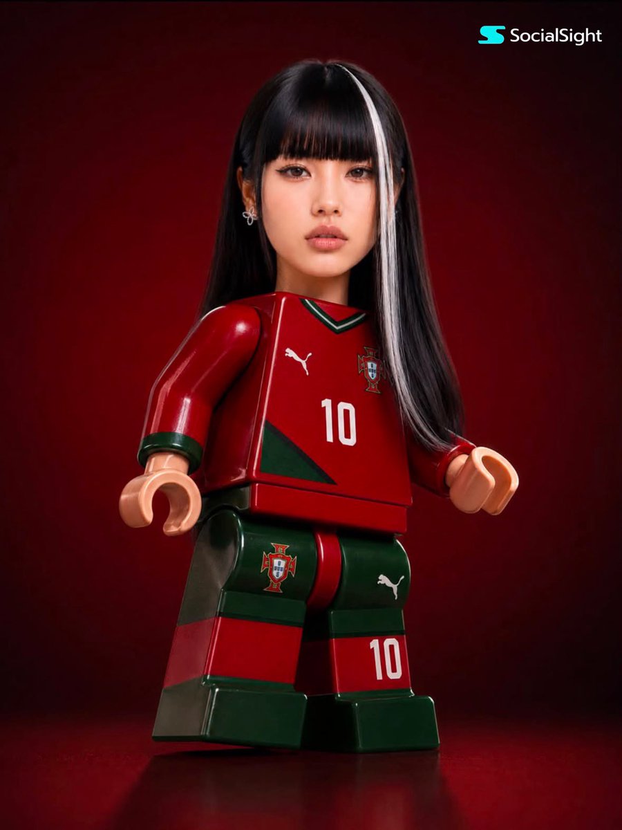 A soccer minifigure with a photorealistic face poses in studio lighting.