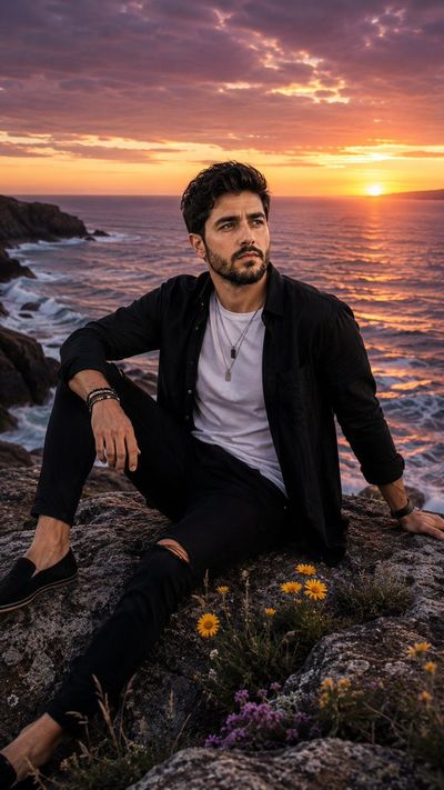 Young man in black linen shirt sits contemplatively by sunset sea