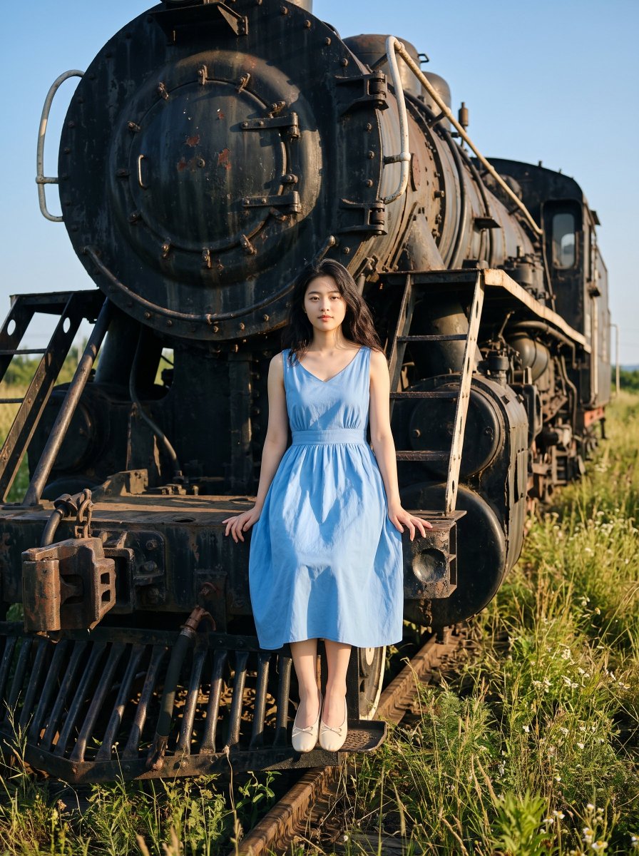Serene Woman in Sky-Blue Dress Perched on Rusty Steam Engine
