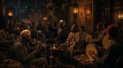 Oil lanterns illuminate a crowded Cairo coffeehouse at night