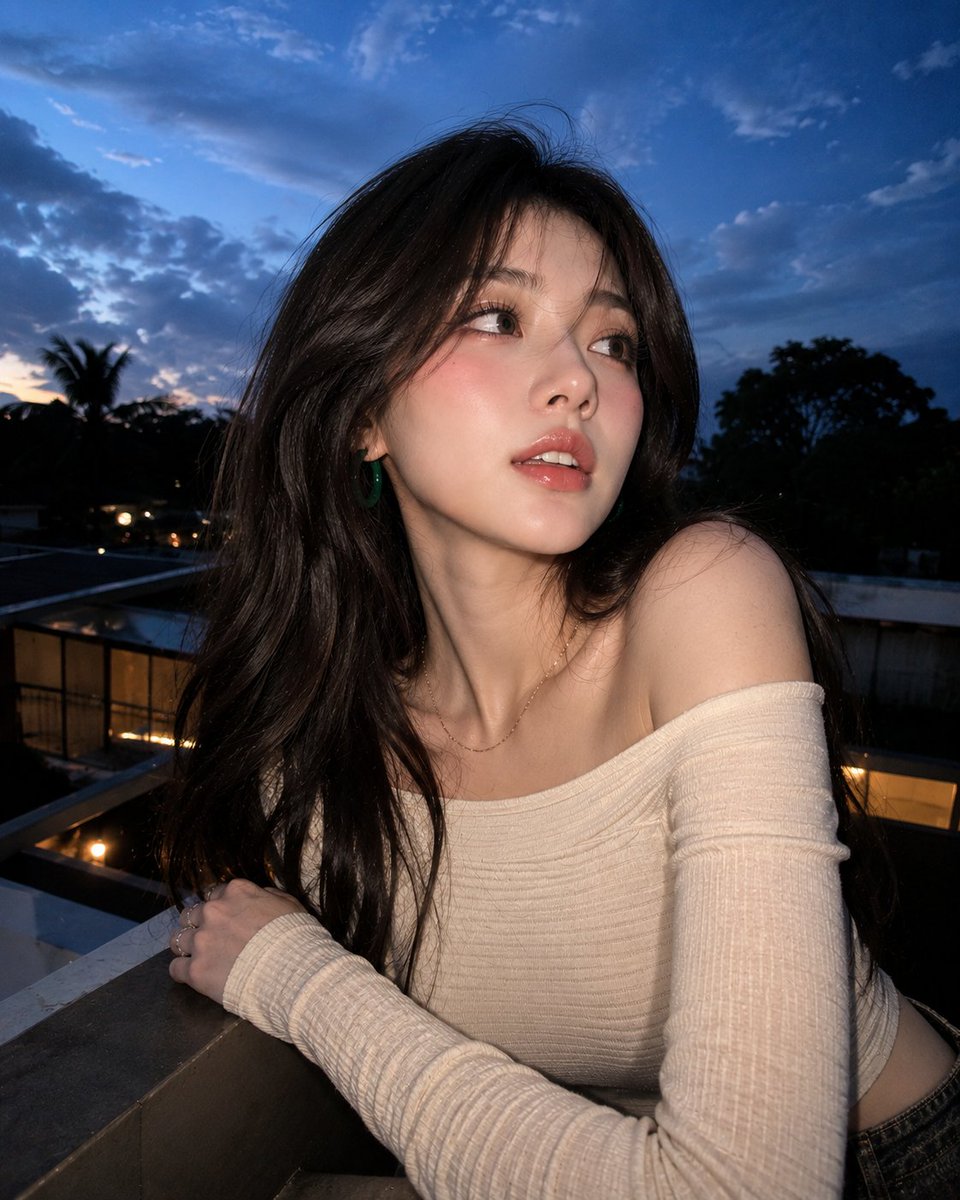 Young woman in a selfie glances upward at dusk from a rooftop