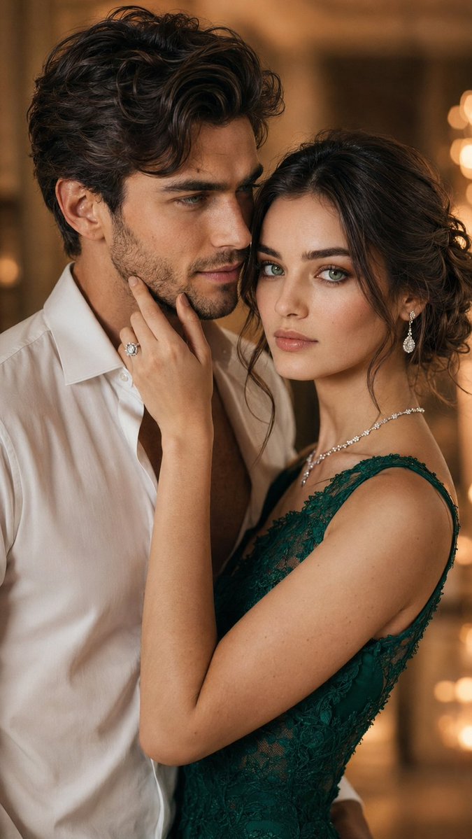 A romantic couple shares an intimate embrace in luxury portrait style.