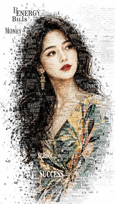 A typographic portrait forms a woman from words and letters