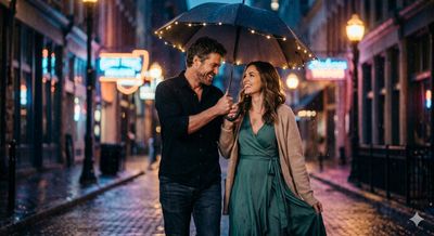 A rugged man and a girl share intimate laughs under neon city lights