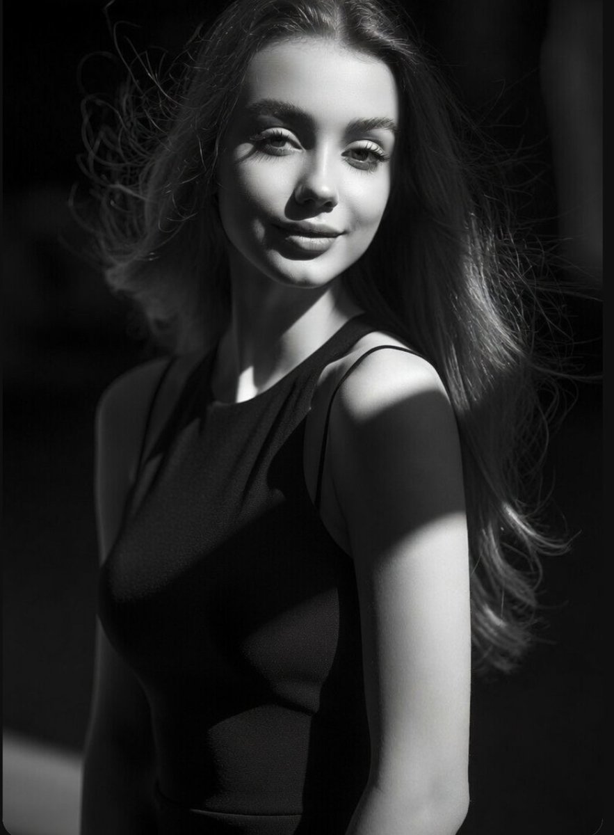 Elegant monochrome portrait captures confident gaze amid dramatic shadows