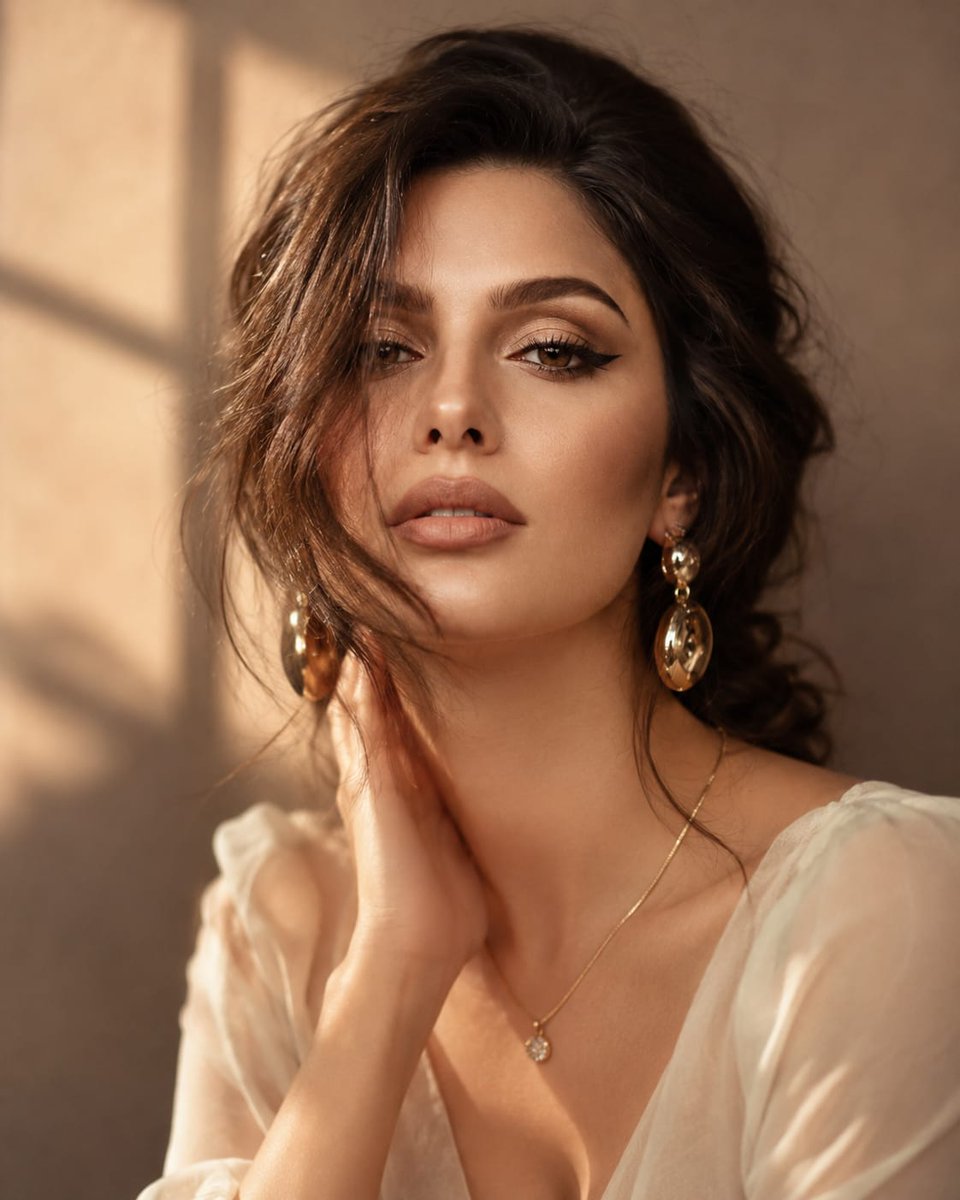 Warm golden sunlight caresses her face in a dreamy editorial portrait