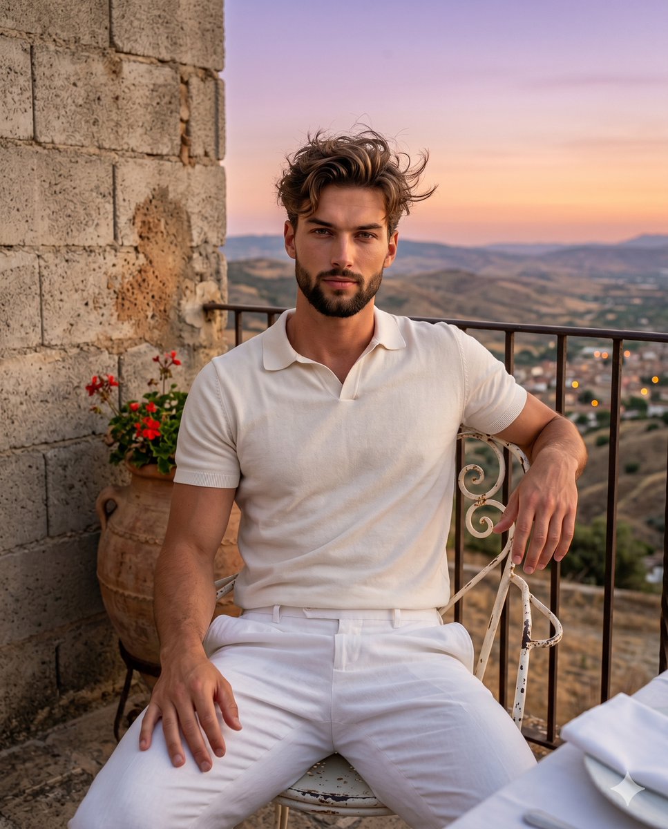 Sunset light catches a man's windswept hair on a terrace