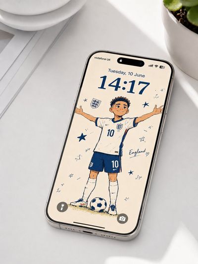 Premium smartphone with England cartoon footballer on lock screen