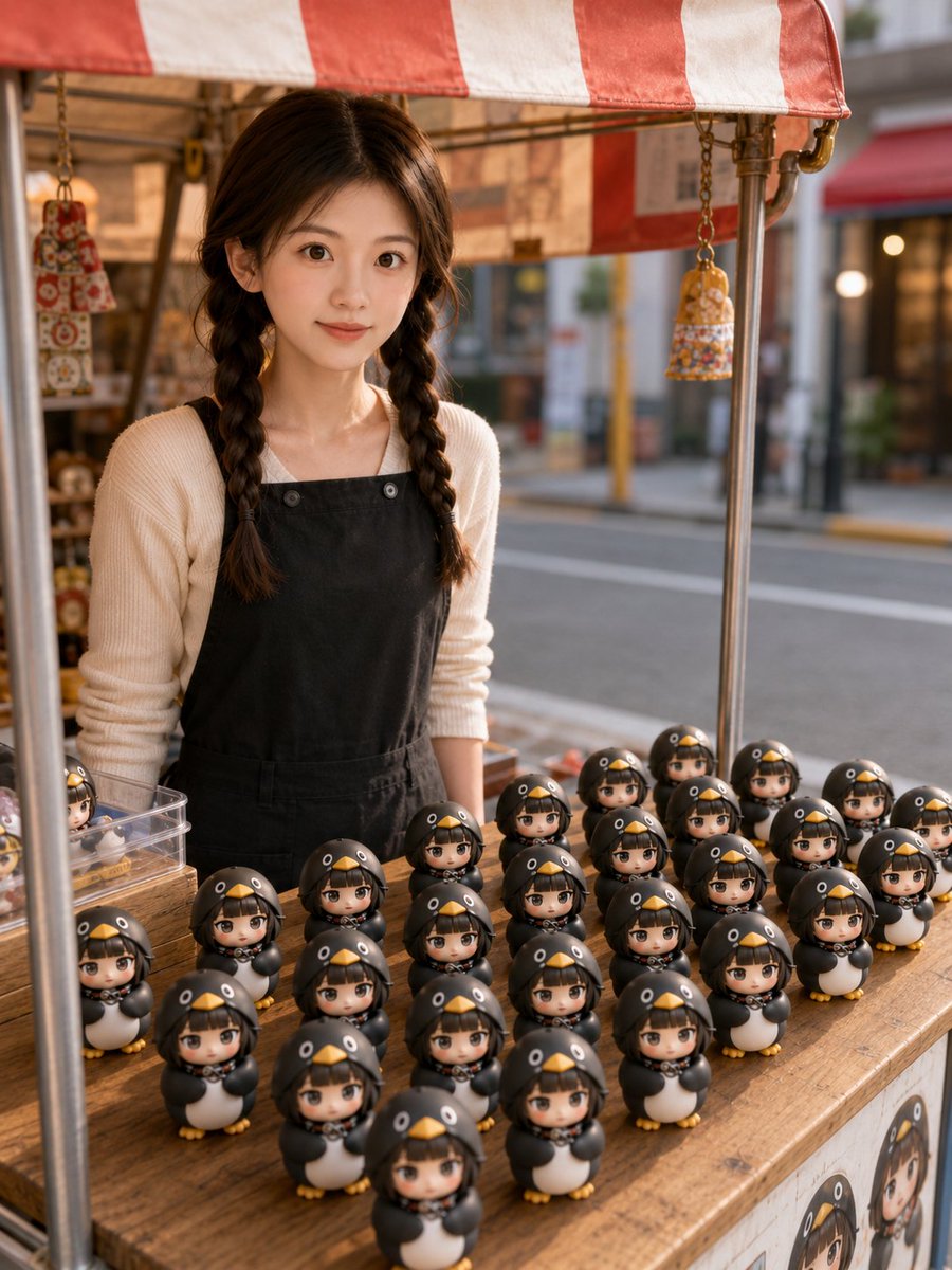 Chibi vendor sells penguin toys under a striped canopy