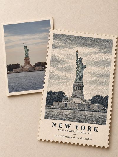Etched Landmark Stamp Overlaps Real Photo on Warm Ivory Paper