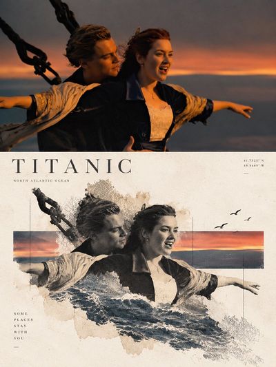 Split landscape poster blends photograph with delicate halftone reconstruction