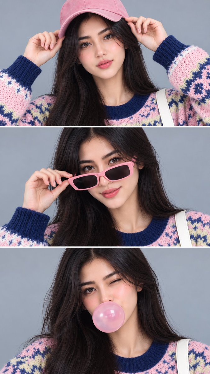 Korean girl in three-panel 3D portrait with playful expressions