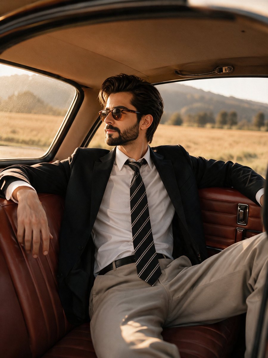 Stylish man in vintage car basks in golden hour light