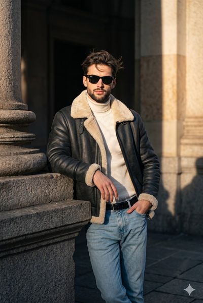Golden-Hour Edge: Leather Aviator Amid Classical Shadows