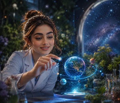 A female scientist touches her glowing holographic solar system