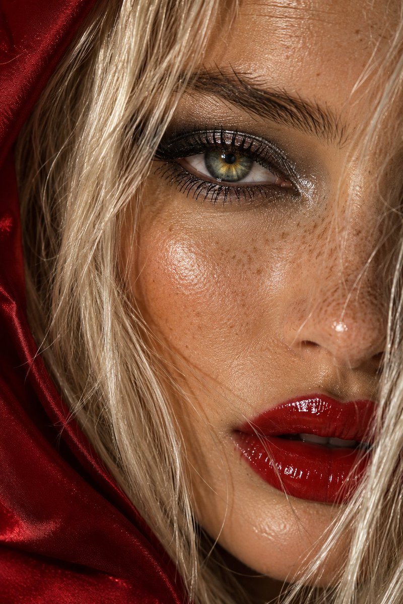 Intense green-hazel eye framed by platinum blonde hair and red hood