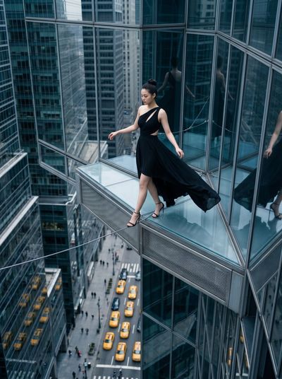 Woman in Black Dress Tightrope Walks Above Bustling NYC Street