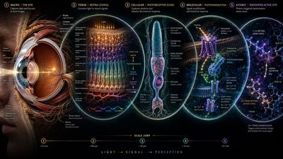 Human eye anatomy transitions from macro to atomic scale in fractal composition