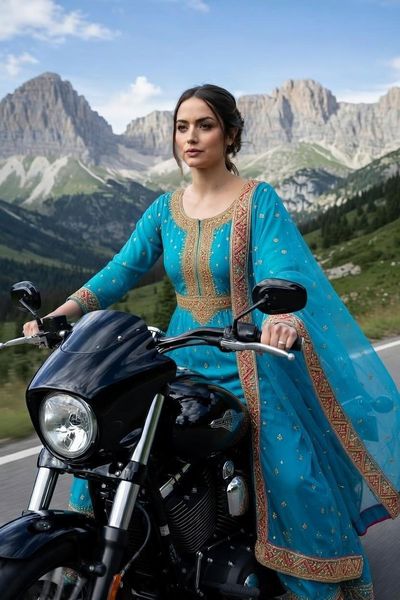 Confident Elegance on a Harley Amid Mountain Majesty