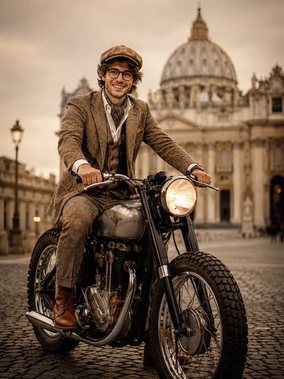 A young man in tweed suit poses on vintage café racer in city square