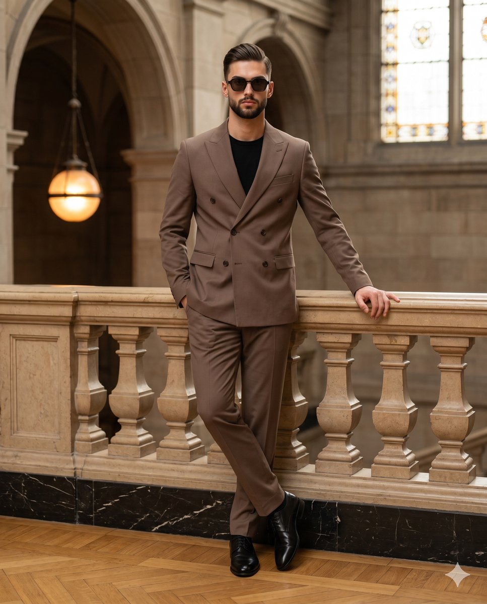A man in a mocha suit leans on a stone balustrade.