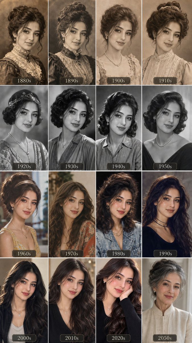 One Face Evolves Through Sixteen Decades in a Grid