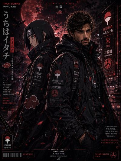 Two techwear warriors stand back-to-back in cinematic action pose