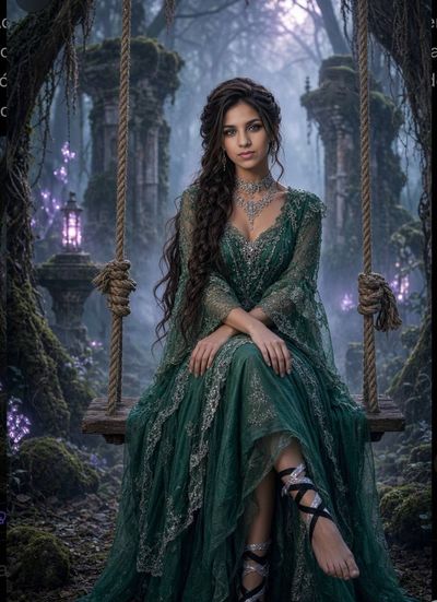 Elegant Woman in Emerald Gown Swings Above Cyberpunk City at Night