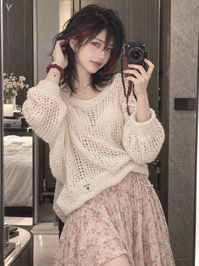 Creamy knit sweater and floral skirt mirror selfie portrait