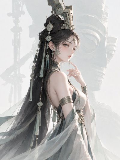 Ancient Shu goddess in bronze crown stands amid misty divine silhouette