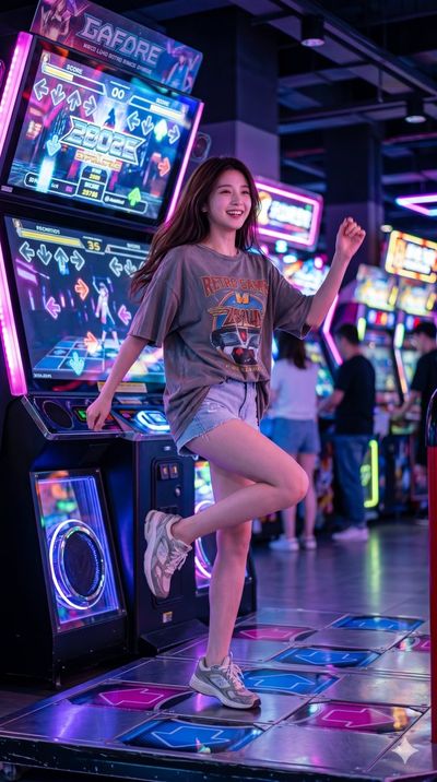 A young woman dances under neon lights in a vibrant arcade