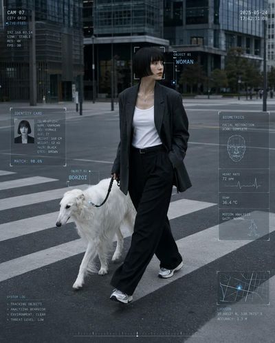 A woman in a trench coat walks through a rainy street with a wolf.
