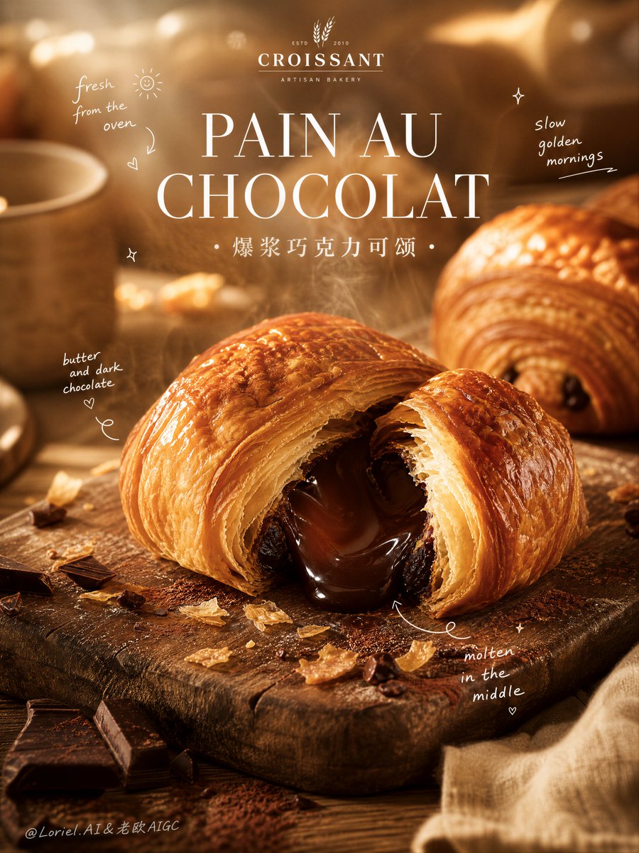 Warm molten chocolate flows from a freshly baked croissant