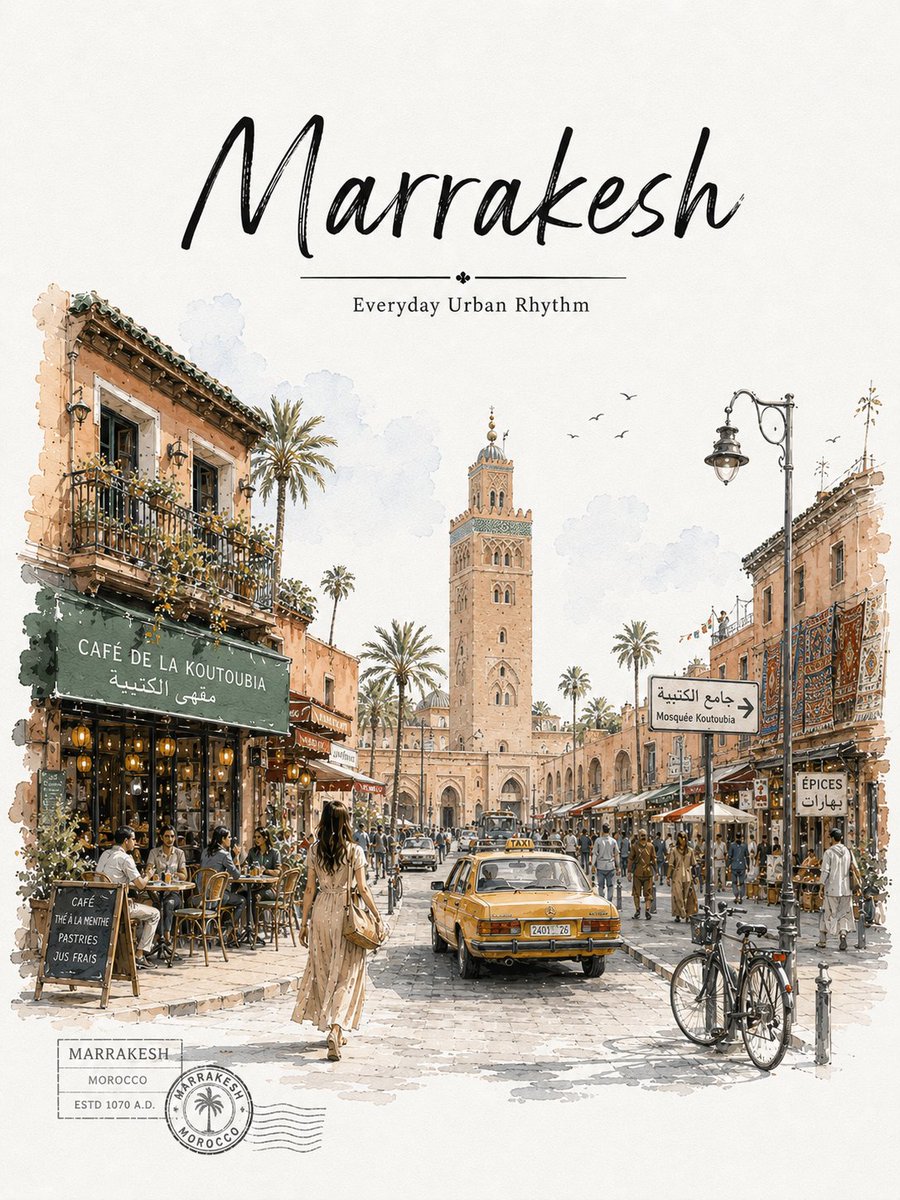 Koutoubia Mosque rises above a bustling Marrakesh street scene.