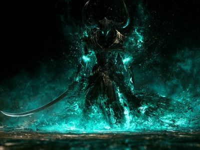 Dark Horned Knight Radiates Teal Energy in Digital Painting