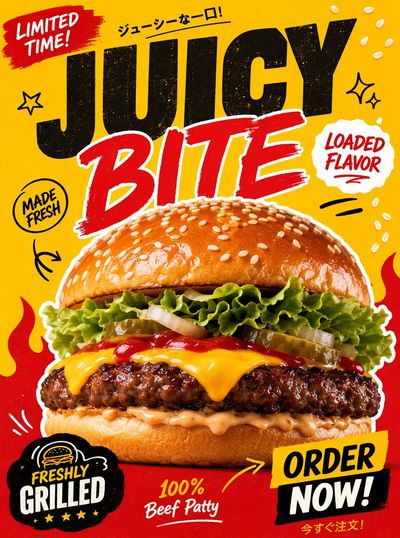 A juicy cheeseburger glows under bright commercial food lighting