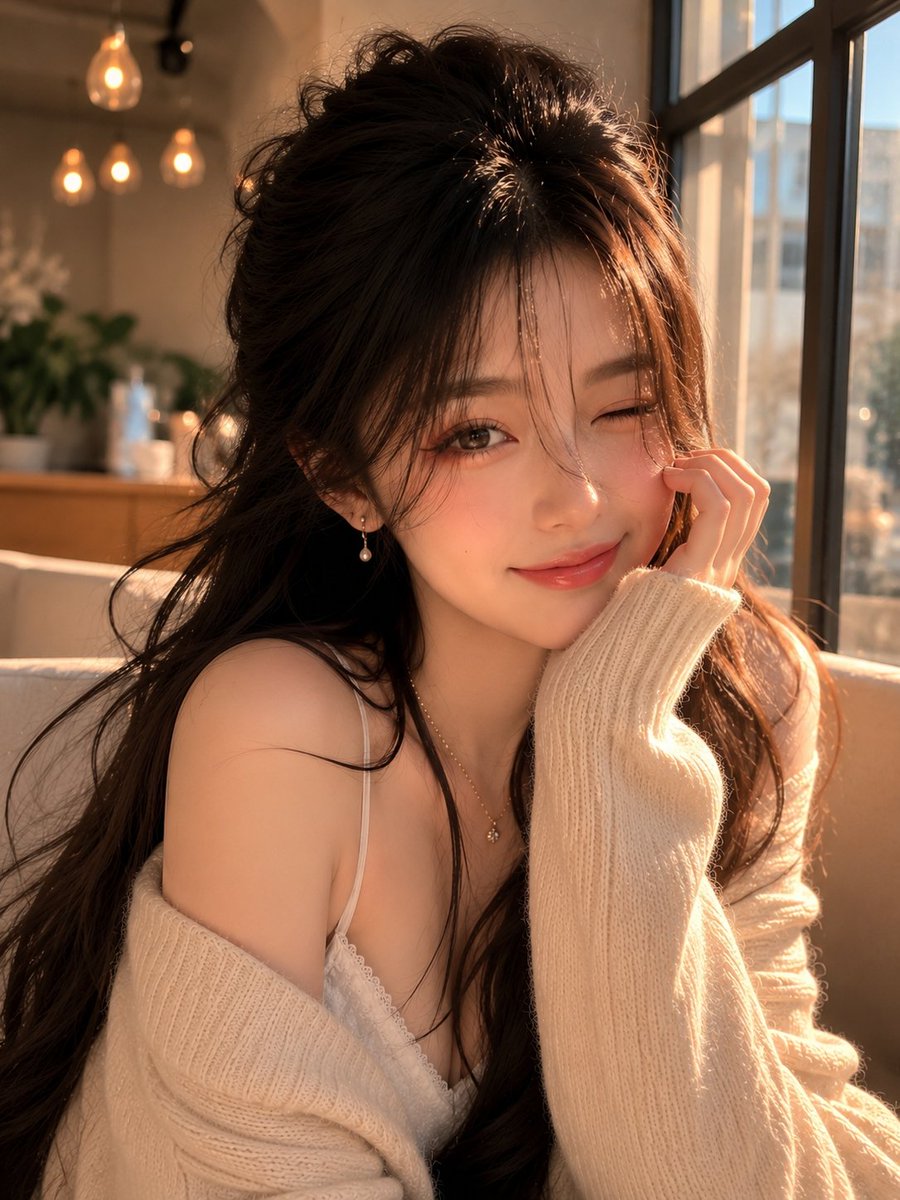 Young woman with wavy hair winks playfully beside sunlit window