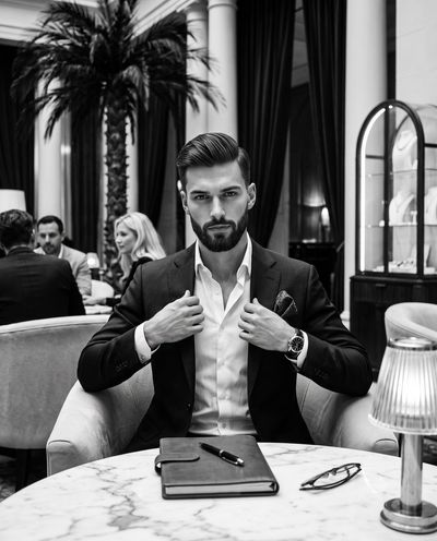 A sharp-suited gentleman adjusts his lapels in a moody lounge