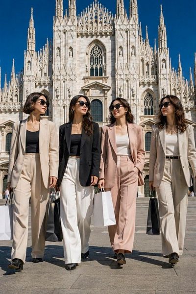 Four Japanese women cross a sunlit piazza with shopping bags