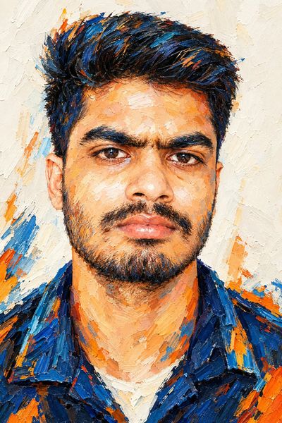 Bold Impasto Portrait of a Man in Electric Blue and Orange Strokes