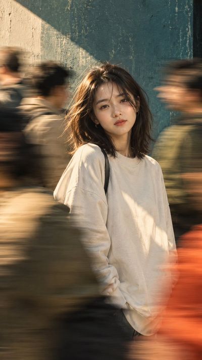 Still Portrait of a Calm Woman Amidst a Blurred Crowd